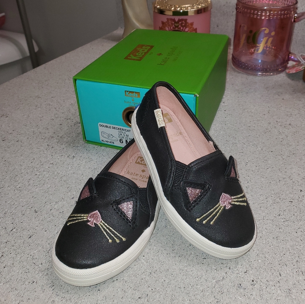 New Kate Spade X Keds Kids Double Decker Hayden Black Cat Slip On Sneaker Size 6 - Picture 3 of 8